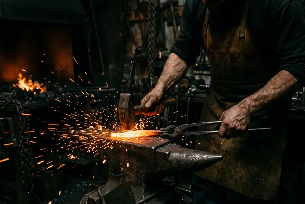 Hot steel struck on an anvil, sparks scattering in a dark workshop.