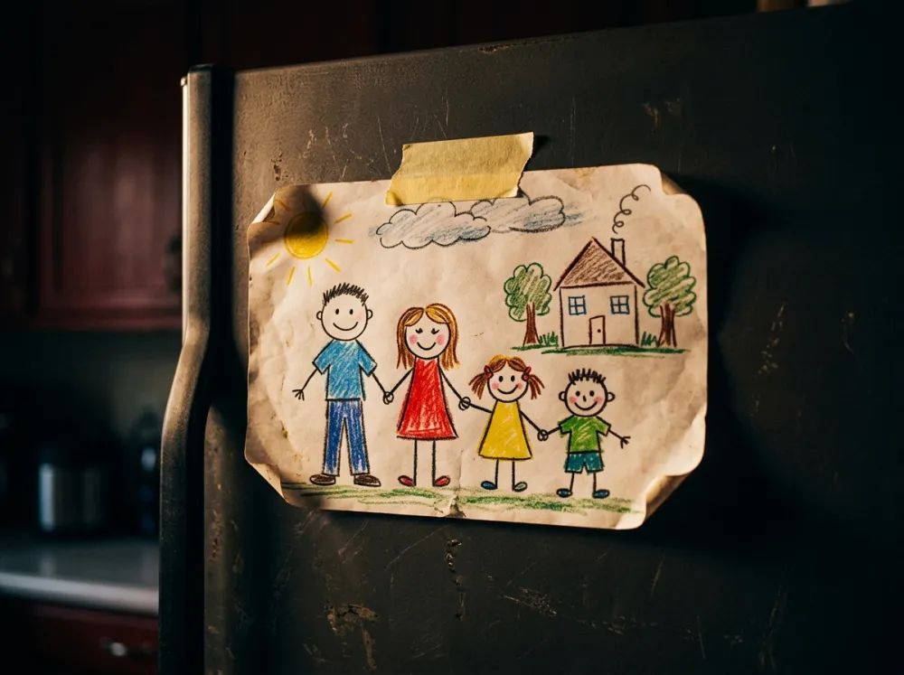 A child's crayon drawing of a family, taped to a refrigerator door.