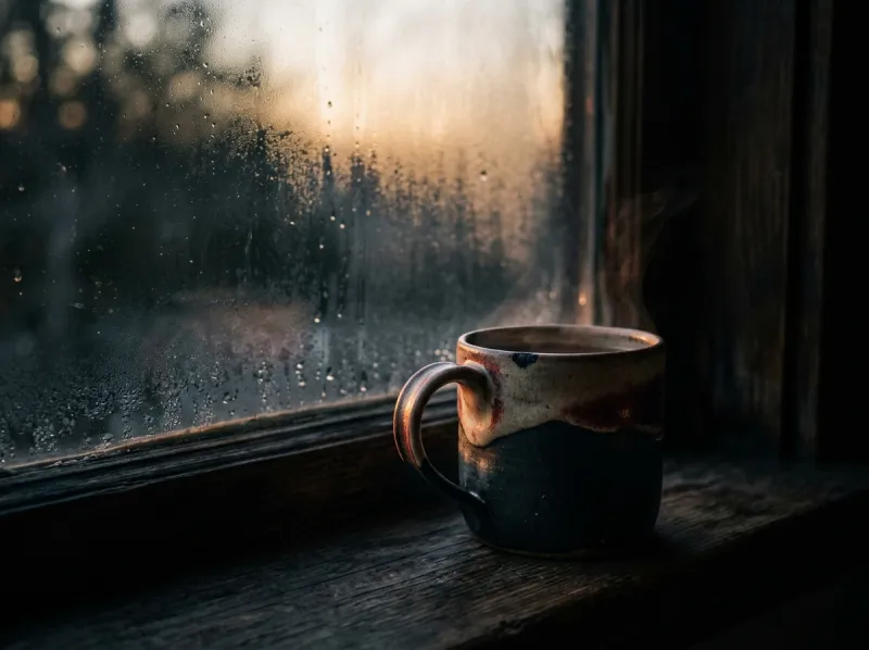 A coffee mug on a windowsill at first light.