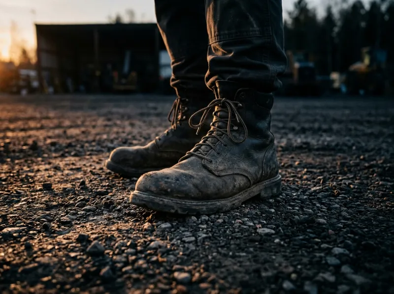 Worn work boots on a gravel yard at dawn.